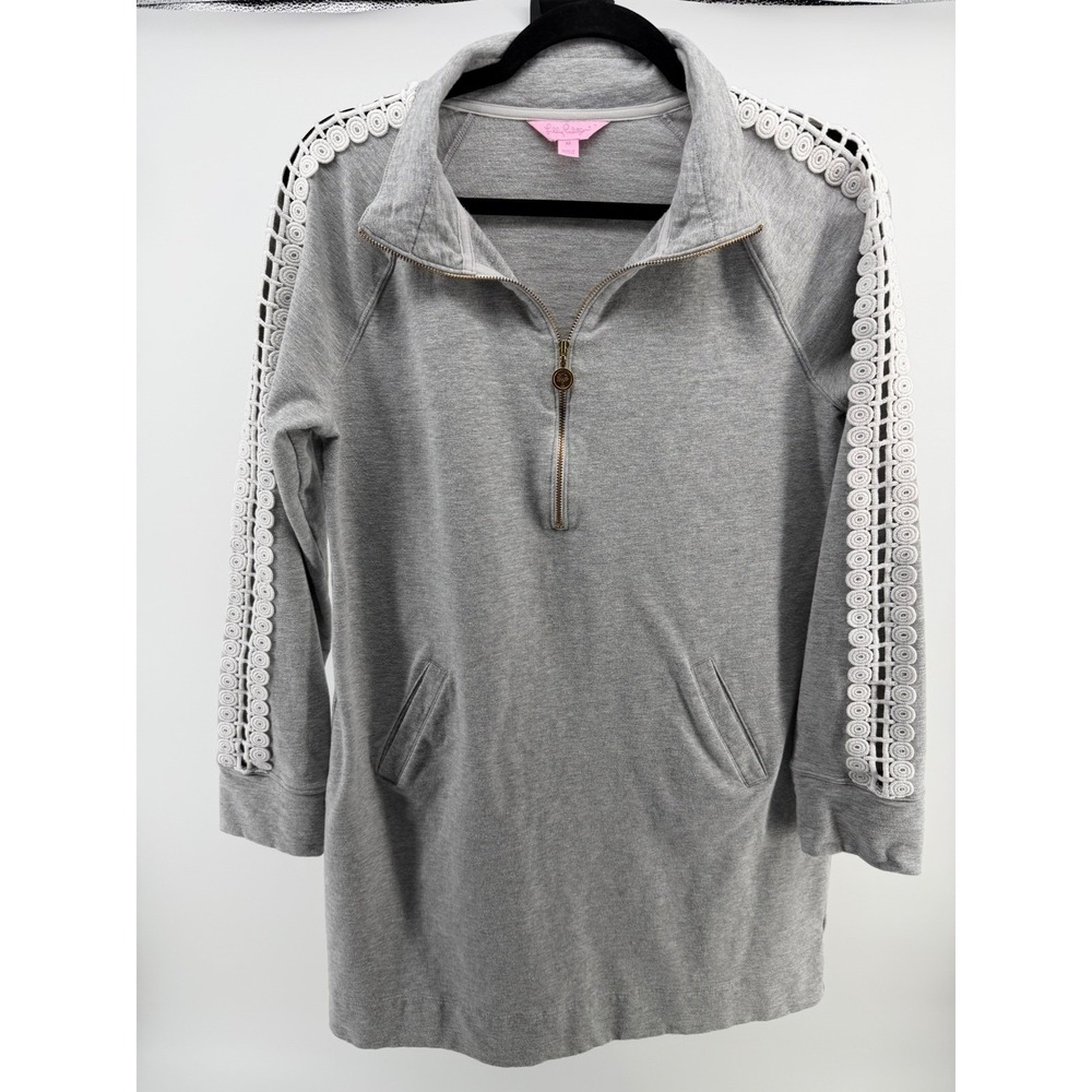 Lilly Pulitzer Pullover Medium Gray Quarter Zip Lace Sleeve Tunic‎ Sweatshirt